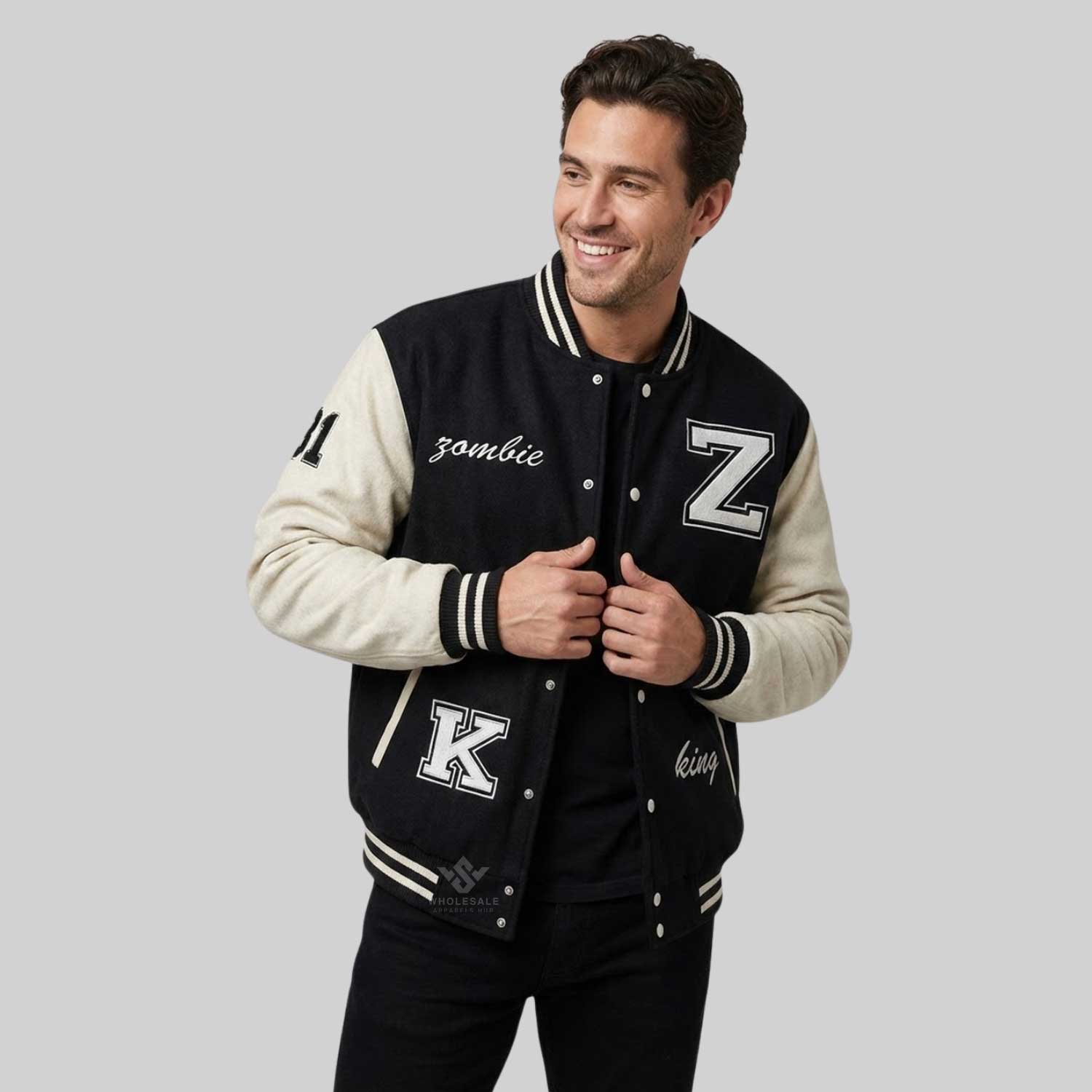 Retro-Varsity-Jacket-Wholesale-model-front-view Retro Varsity Jacket Wholesale | Custom Letterman Jackets for Brands & Teams