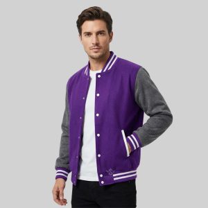 Grey And Purple Wool Varsity Jacket