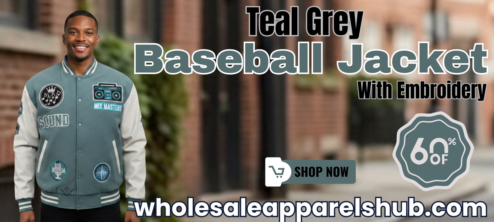 Teal Grey Baseball Jacket With Embroidery