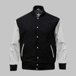Black Leather With wool Varsity Jacket