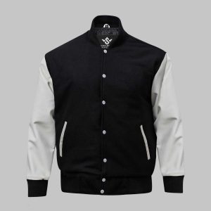 Black Leather With wool Varsity Jacket