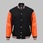 Leather Wool Varsity Jacket Black Orange