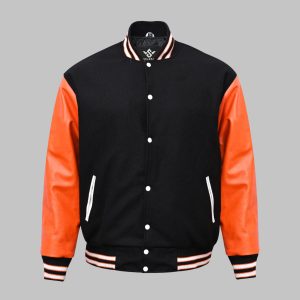 Leather Wool Varsity Jacket Black Orange