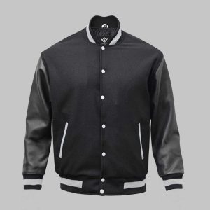 Leather Wool Varsity Jacket Black