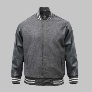 Leather Wool Varsity Jacket Grey