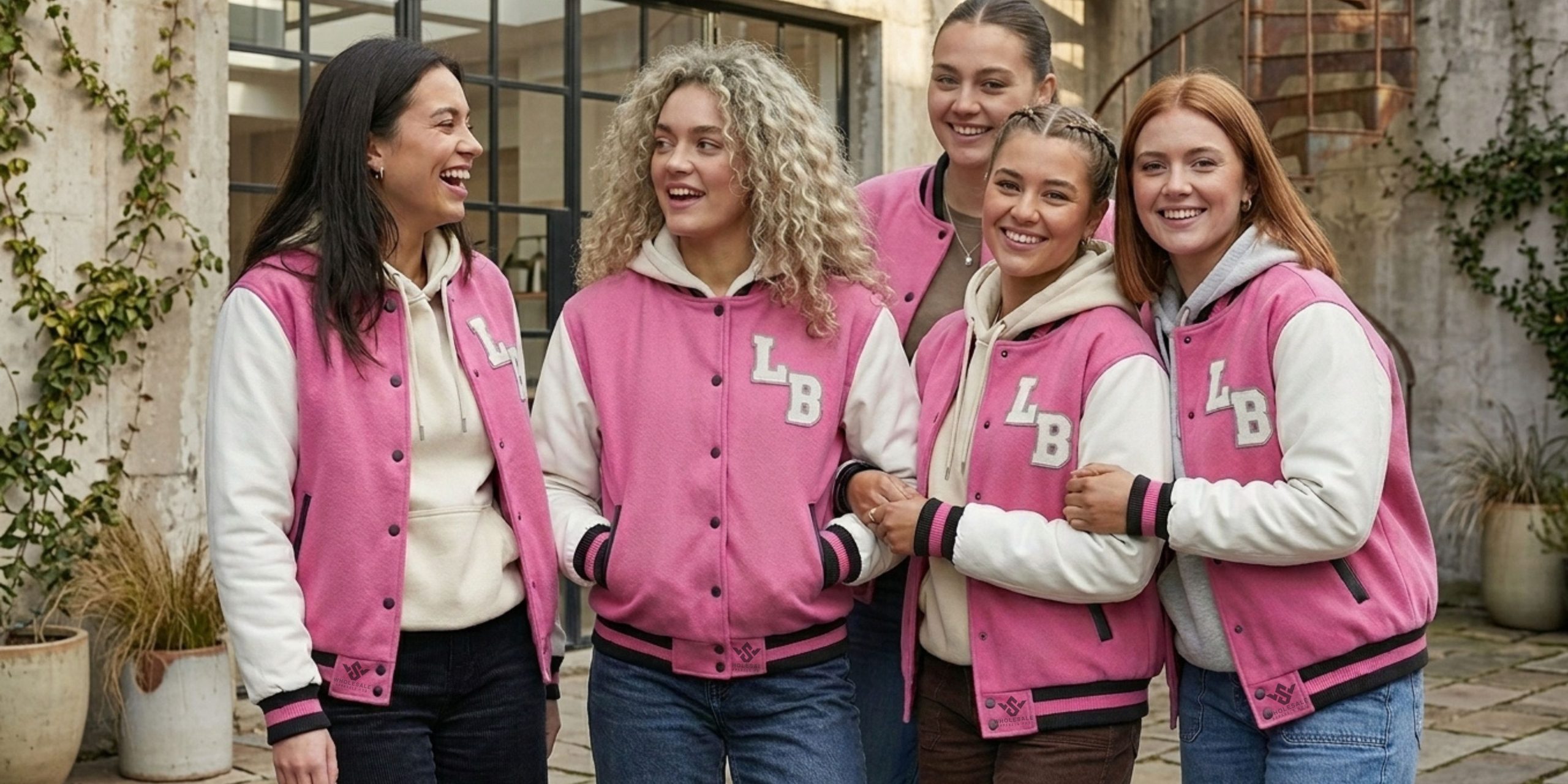 Pink White Varsity Jackets Wool Leather Group Photo