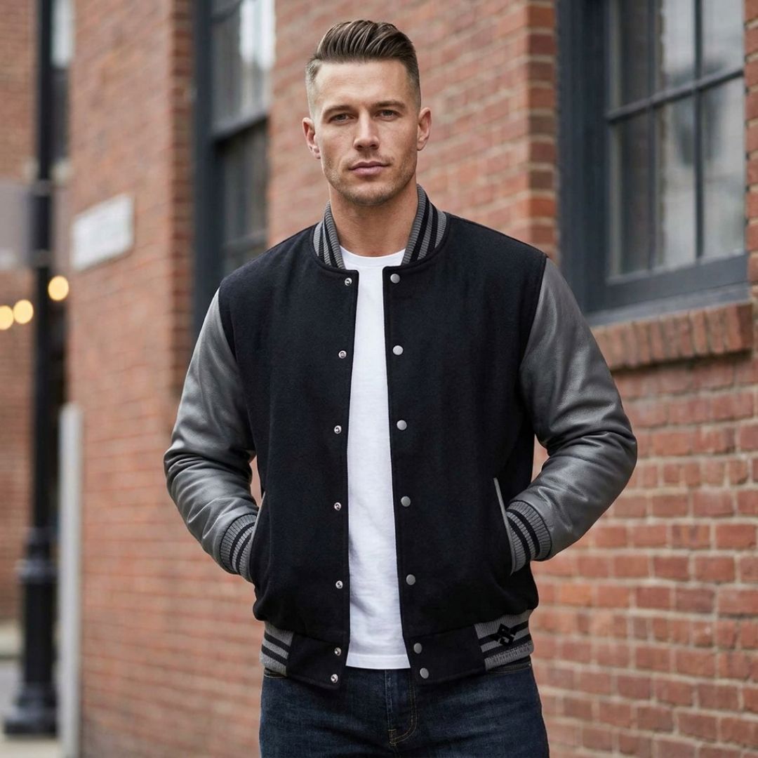 Grey And Black Varsity Jackets Wholesale Wool Leather