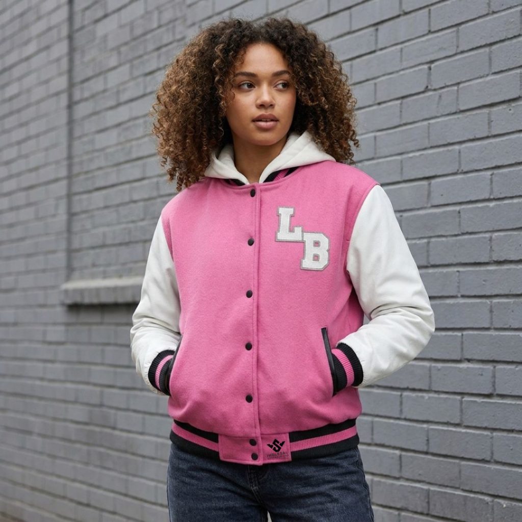 Pink White Varsity Jackets Wool Leather
