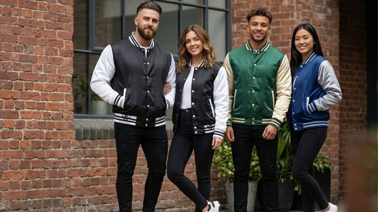 Black Satin Varsity Jacket Wth White Sleeves