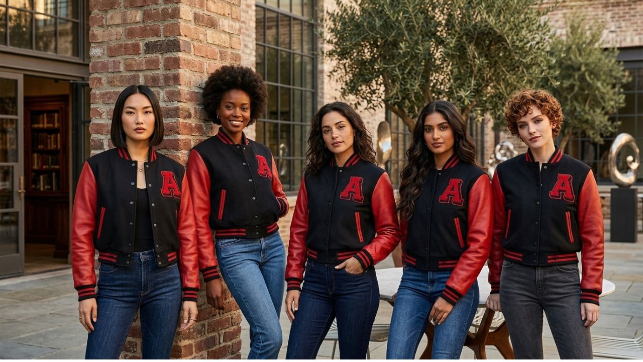 Red and Black Baseball Jackets Cropped for Women
