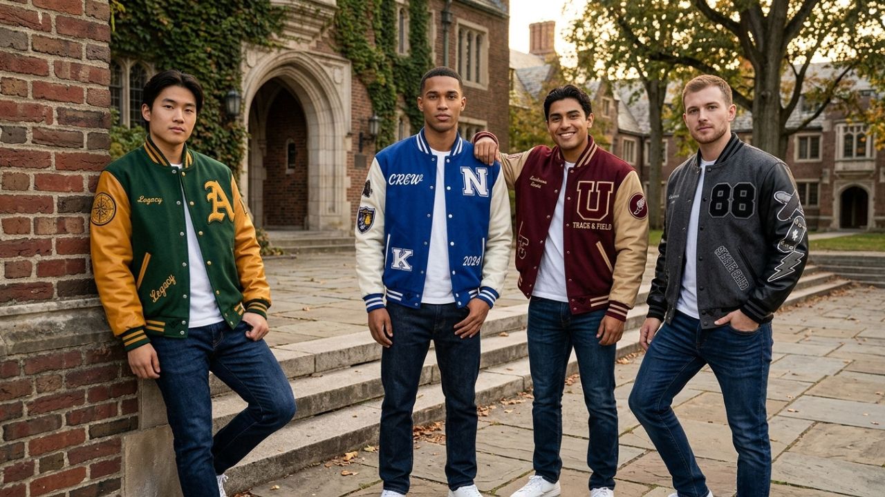 Blue Letterman Jacket With Embroidery